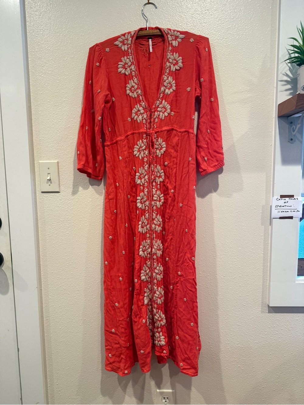 Free People Coral Maxi Dress with White Floral Embroidery petite small
